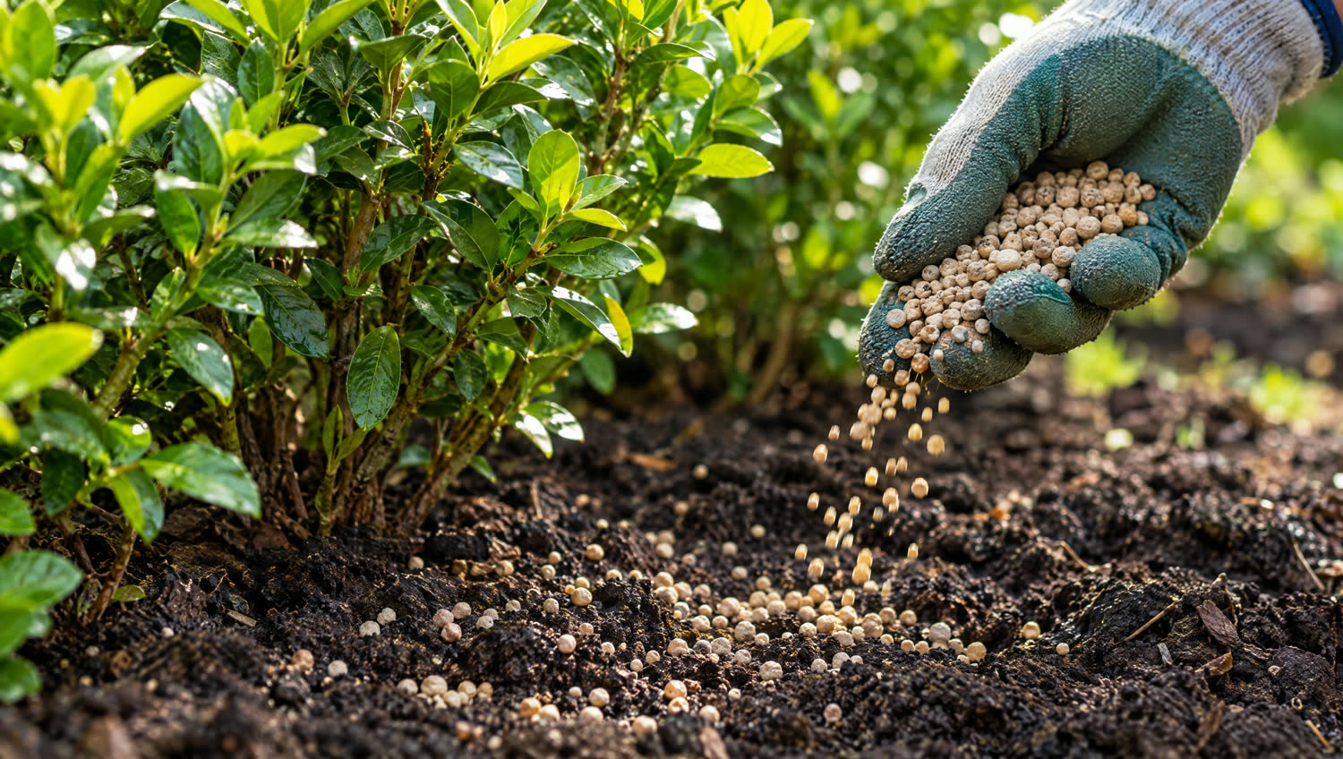 A gloved hand spreading dry organic fertilizer pellets onto a planted bed