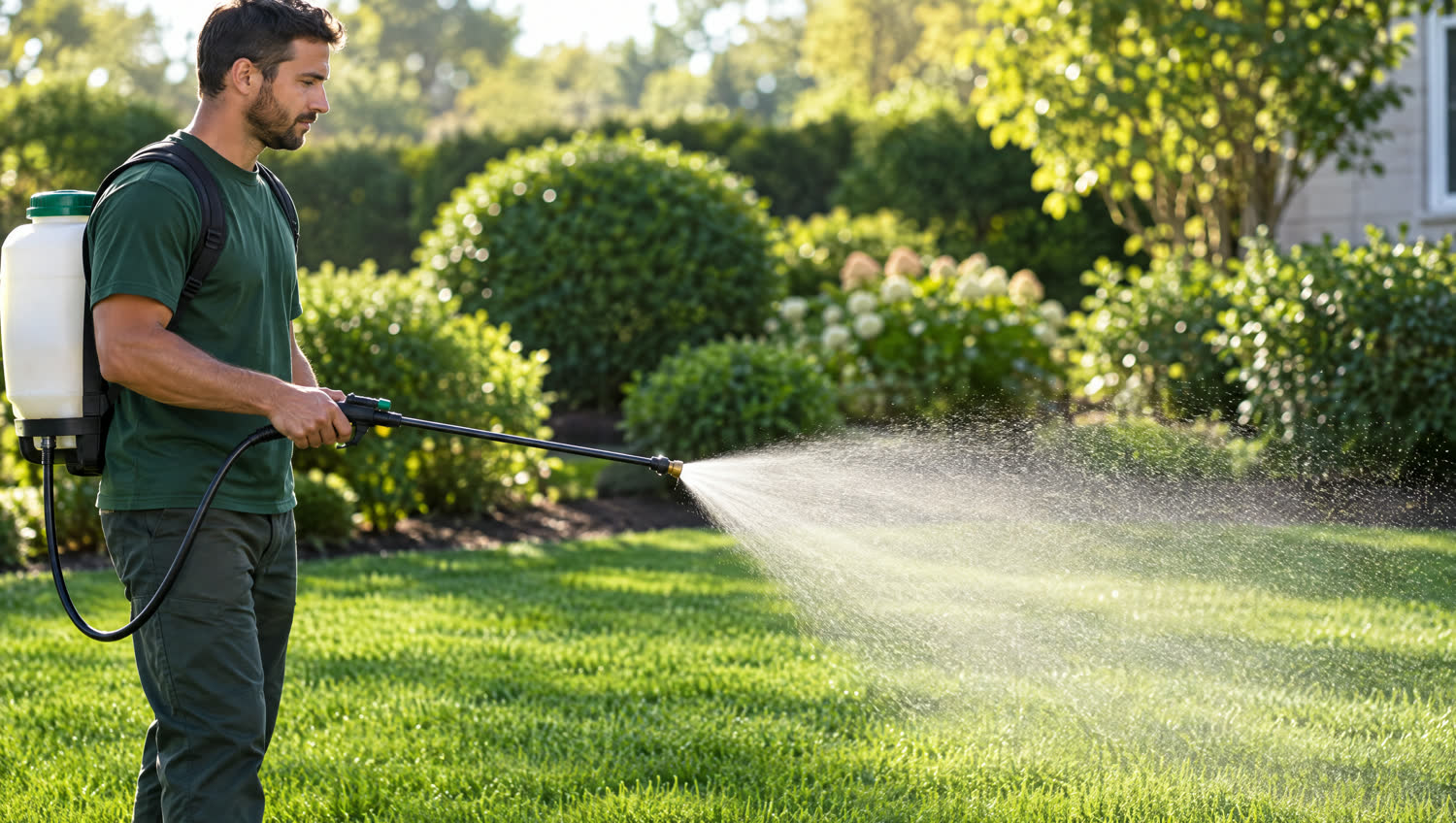 A technician spraying liquid fertilizer across a lawn
