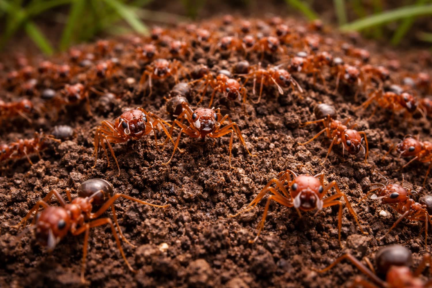 Fire ants swarming over a mound of soil