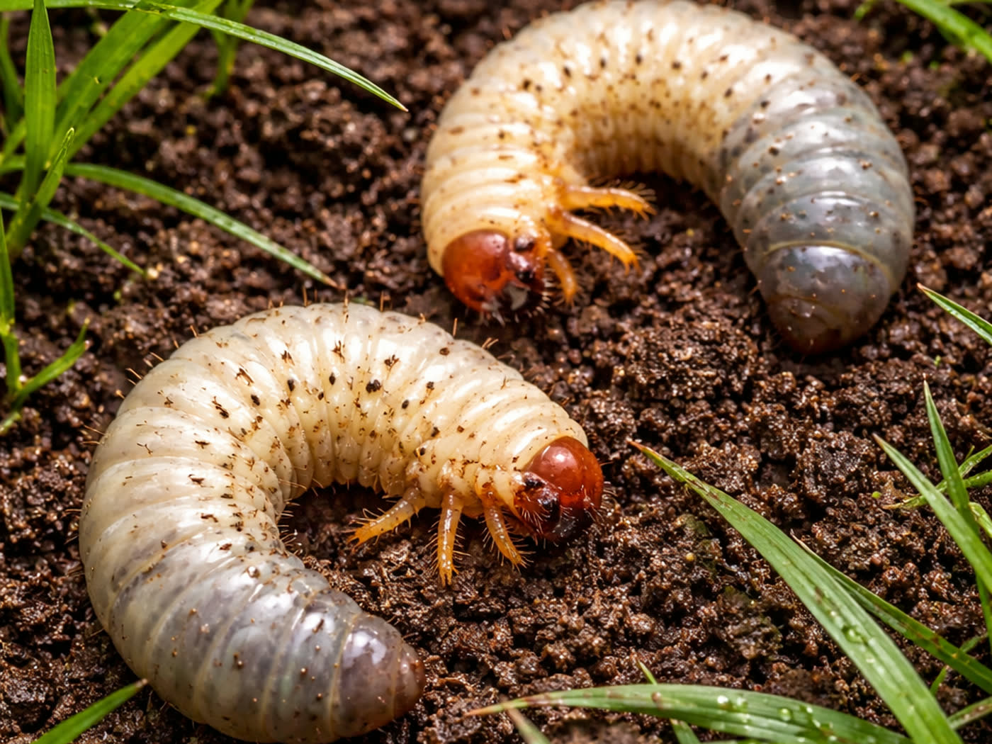 Two grub worms in dark soil
