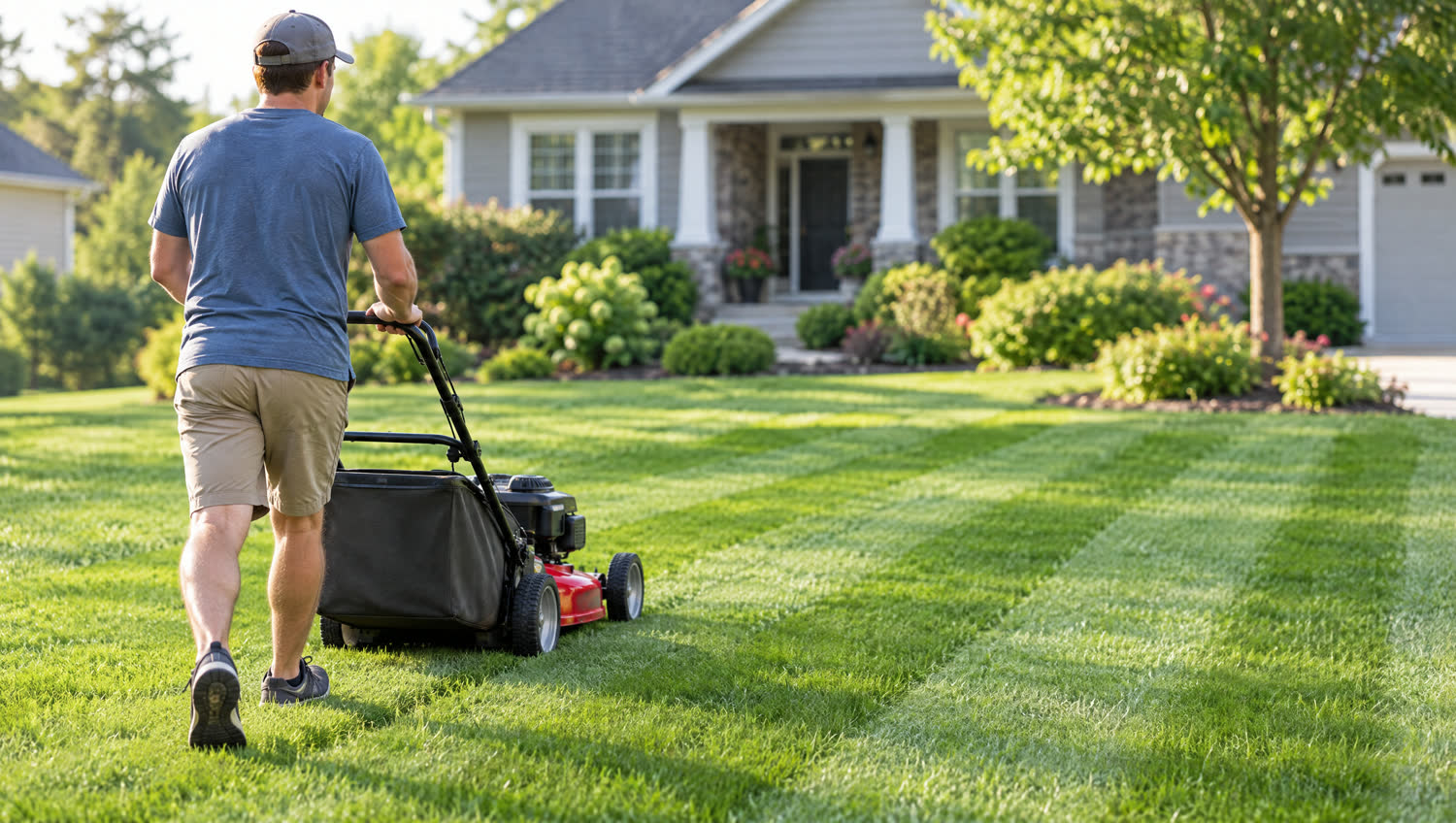 A person mowing a green lawn