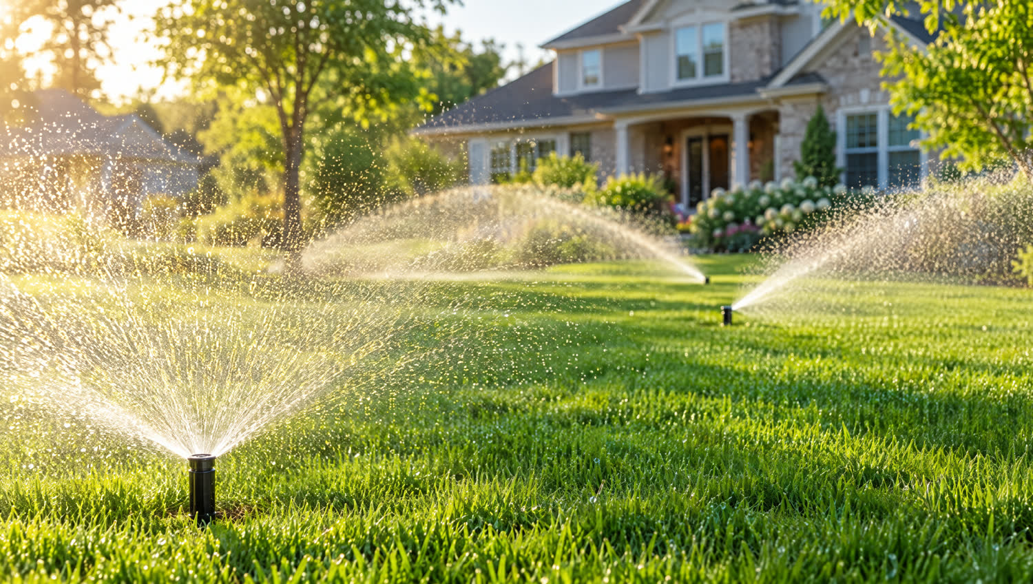 Lawn sprinklers running across a green lawn